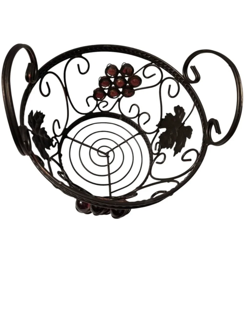 Decorative Wire Basket With Grape Motif &  Glass Accents Metal Construction Rust